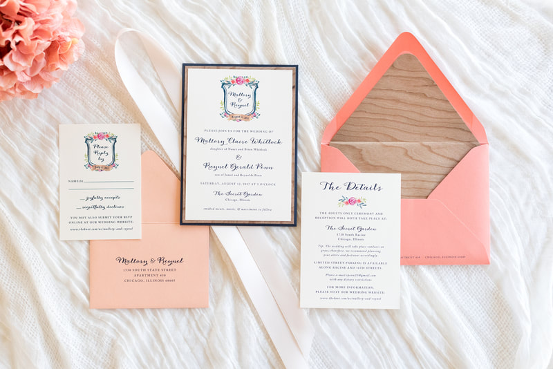 real cherry wood wedding invitation layered with ivory, navy blue, and coral with floral/botanical crest - bohemian, garden, rustic, barn, wood