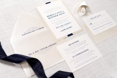 elegant and formal opal / champagne shimmer, ivory, and navy blue ribbon elegant wedding invitation - chicago wedding invitations