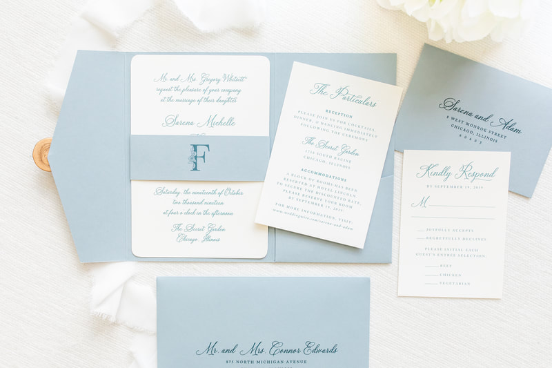elegant and formal pocketfold wedding invitation with wax seal and belly band in ivory, dusty blue, and gold - botanical, floral, branch, fern monogram crest