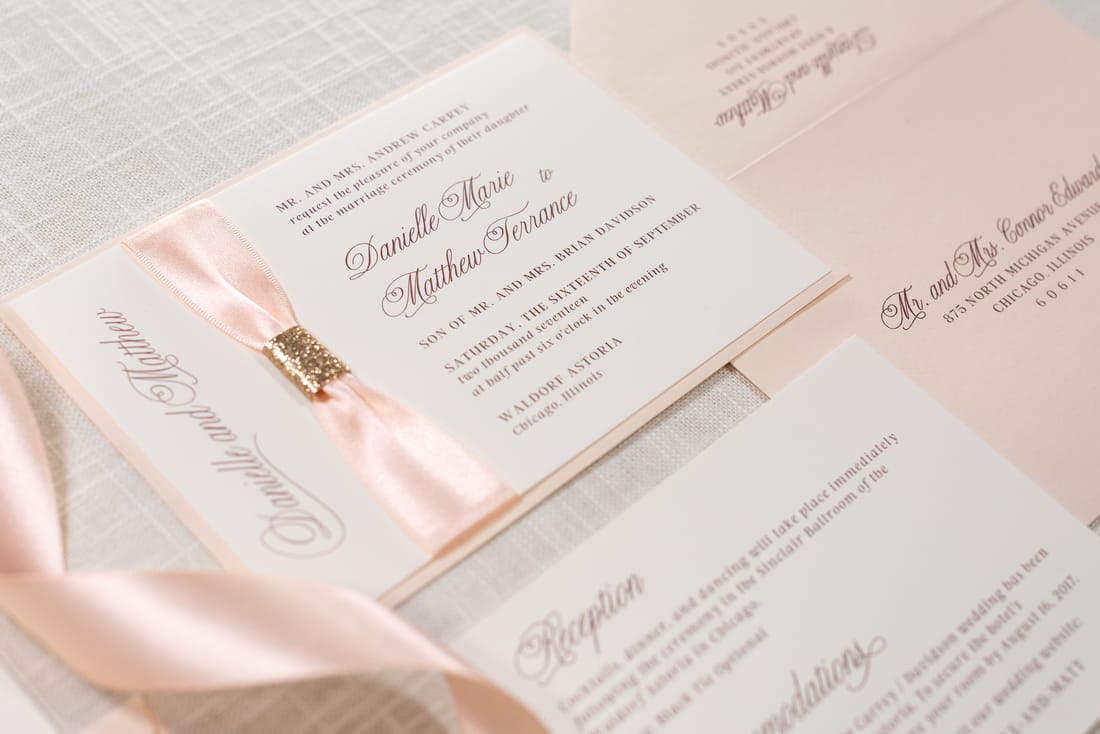 elegant & formal wedding invitation in ivory, blush, blush ribbon, & rose gold glitter - chicago wedding invitations
