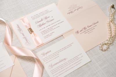 elegant & formal wedding invitation in ivory, blush, blush ribbon, & rose gold glitter - chicago wedding invitations
