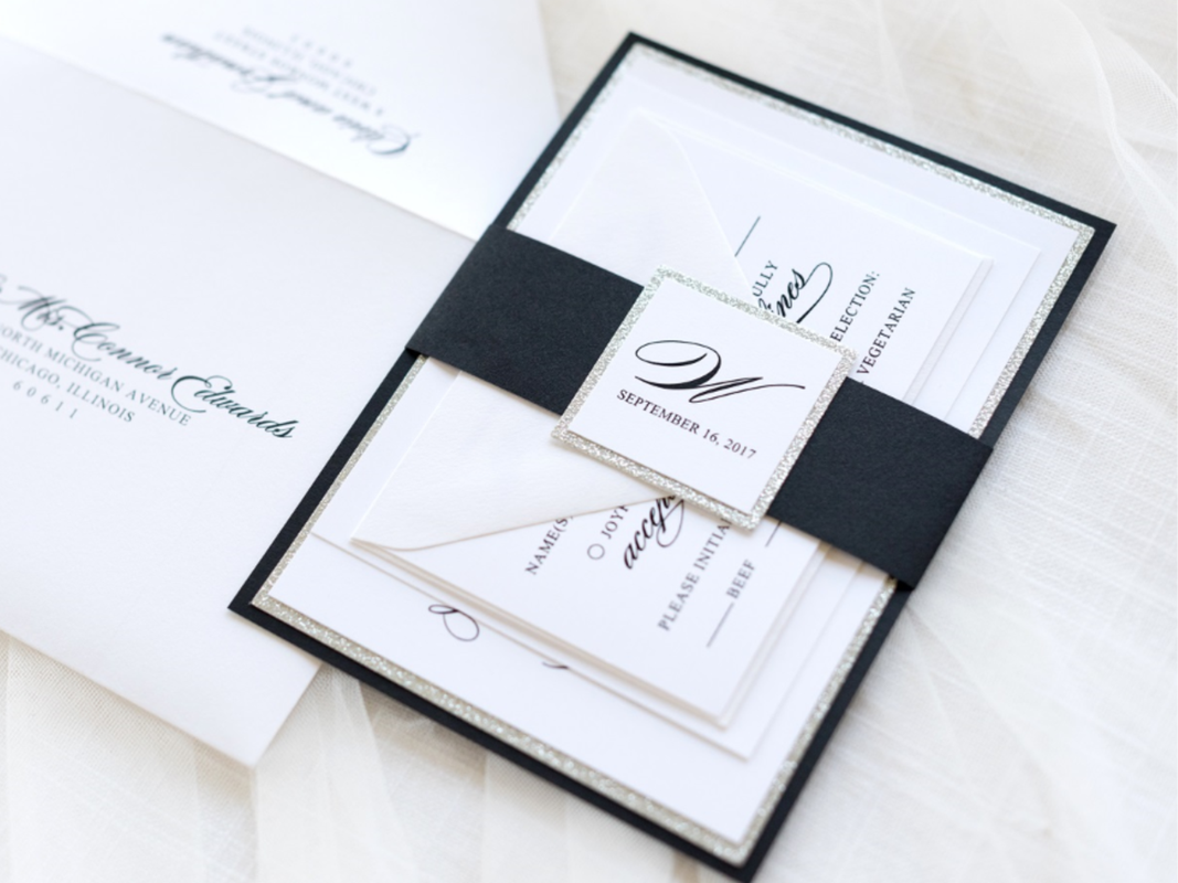 elegant formal wedding invitation in white, silver glitter, and black with belly band and layered monogram square - chicago wedding invitations