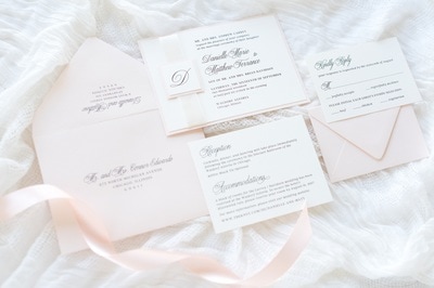 elegant & formal wedding invitation in blush and ivory with satin ribbon band and monogram square - chicago wedding invitations