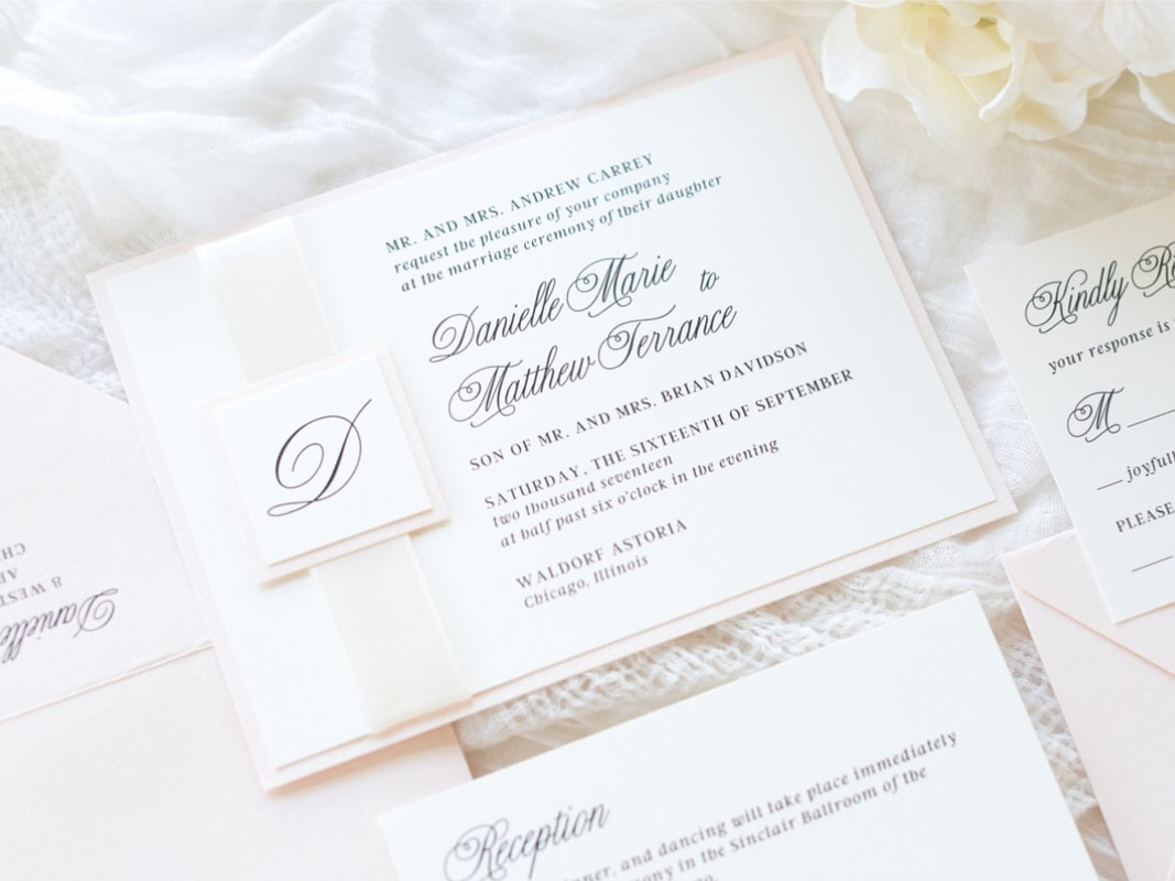 Elegant and Formal Layered Wedding Invitation with Satin Ribbon and Layered Monogram Design - Ivory, Blush, and Ivory Satin Ribbon