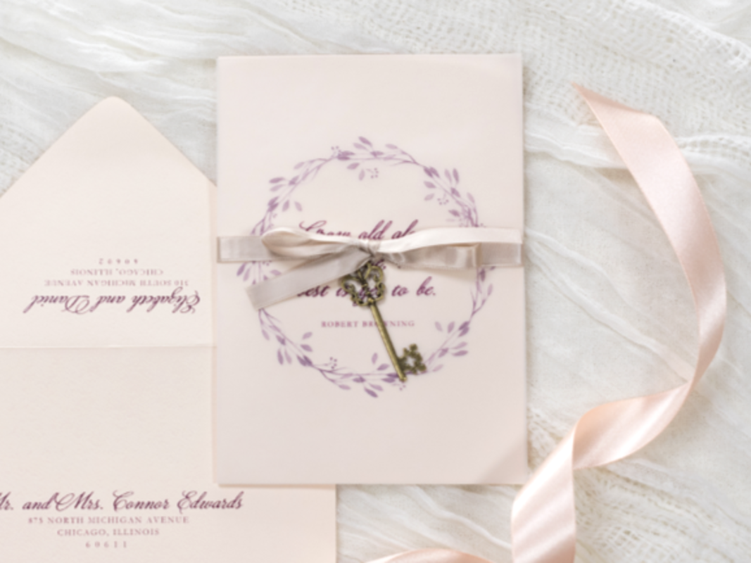 ELEGANT AND FORMAL VINTAGE STYLE KEY CHARM WEDDING INVITATION IN BLUSH, OPAL SHIMMER, AND BURGUNDY WITH VELLUM SHEET AND SATIN RIBBON