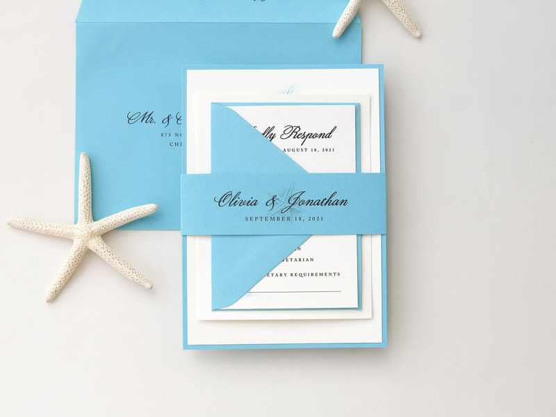 Classic and Elegant Destination Wedding Invitation - Layered with Turquoise and Ivory - Starfish, Palm Tree, Sea Shell - Beach, Tropical, Resort