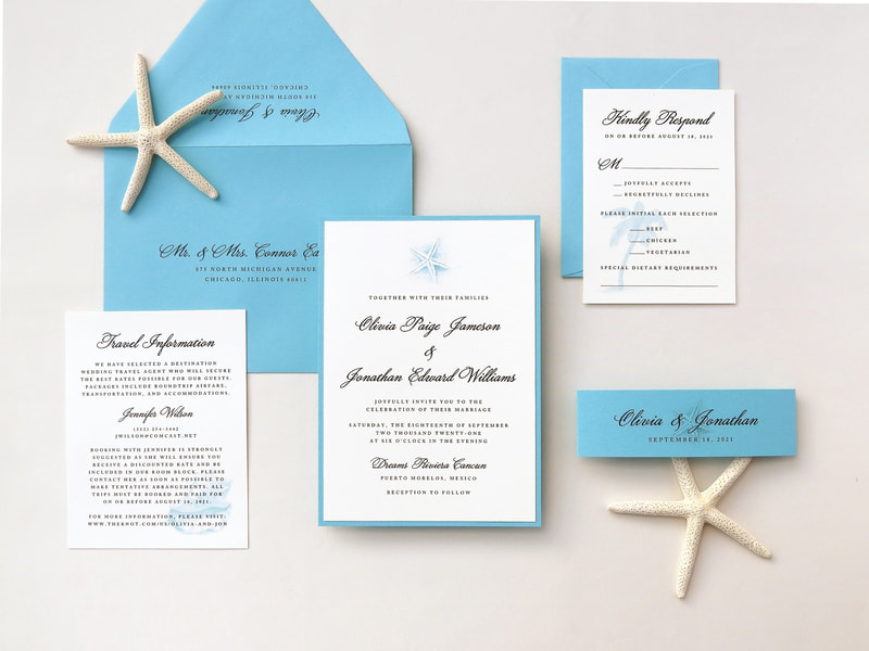 Classic and Elegant Destination Wedding Invitation - Layered with Turquoise and Ivory - Starfish, Palm Tree, Sea Shell - Beach, Tropical, Resort