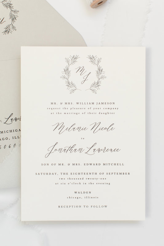 Walden Chicago Venue Collection Elegant Formal Wedding Invitation with Romantic Calligraphy Script and Botanical Wreath Floral Monogram