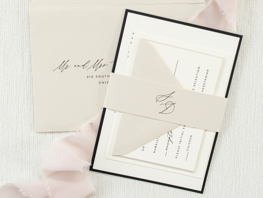 Walden Chicago Collection  |   Modern and Formal Black and Ivory Wedding Invitation with Modern Calligraphy Script and Printed Belly Band