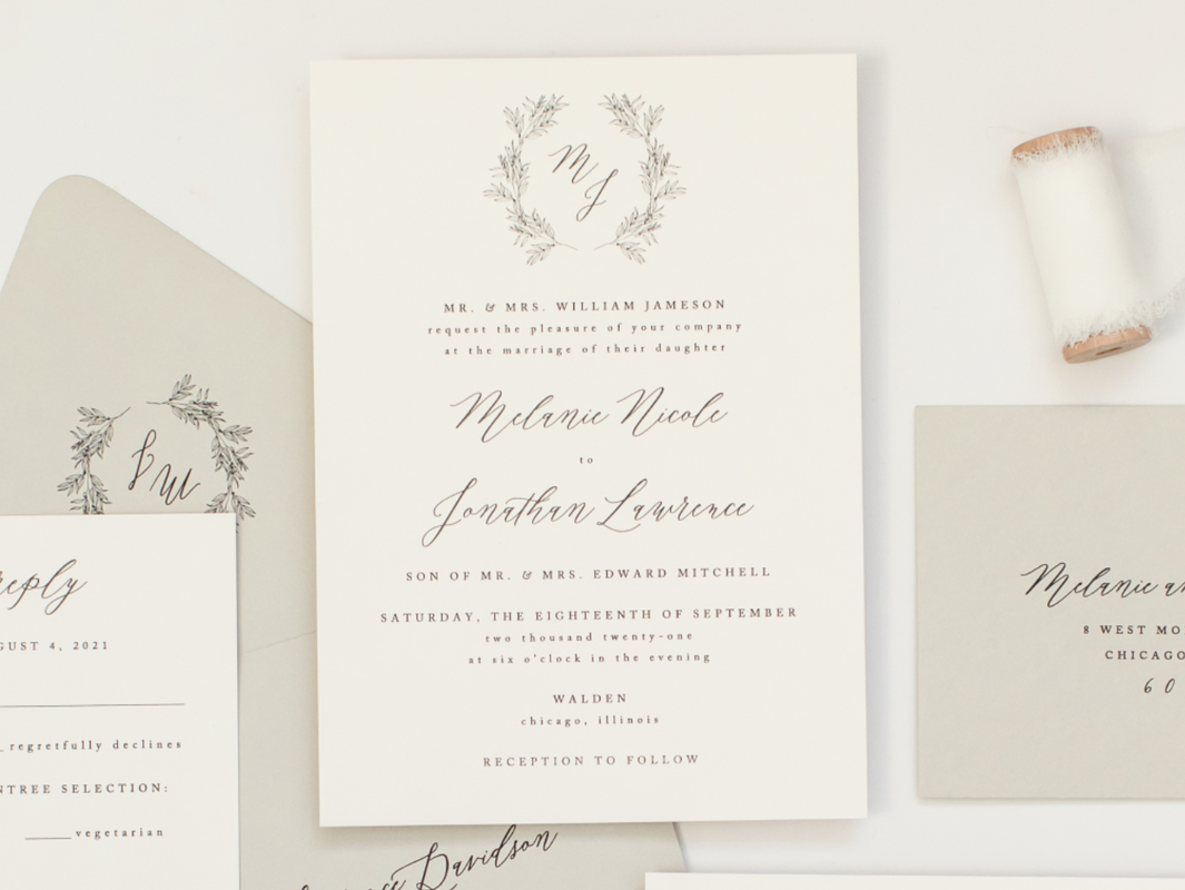 Walden Chicago Venue Collection Elegant Formal Wedding Invitation with Romantic Calligraphy Script and Botanical Wreath Floral Monogram