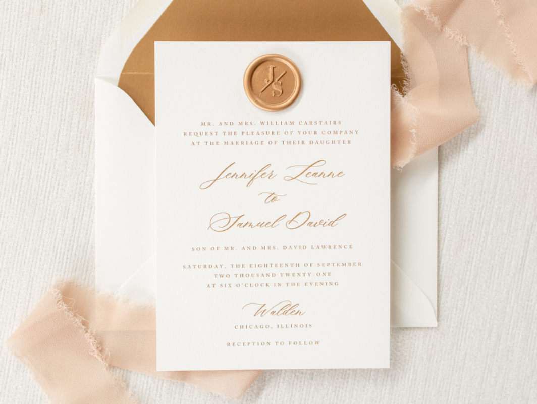 Walden Chicago Collection Elegant and Formal Wedding Invitation with a Wax Seal Embellishment Calligraphy Script Font and Envelope Liner - White and Gold Romantic - Monogram
