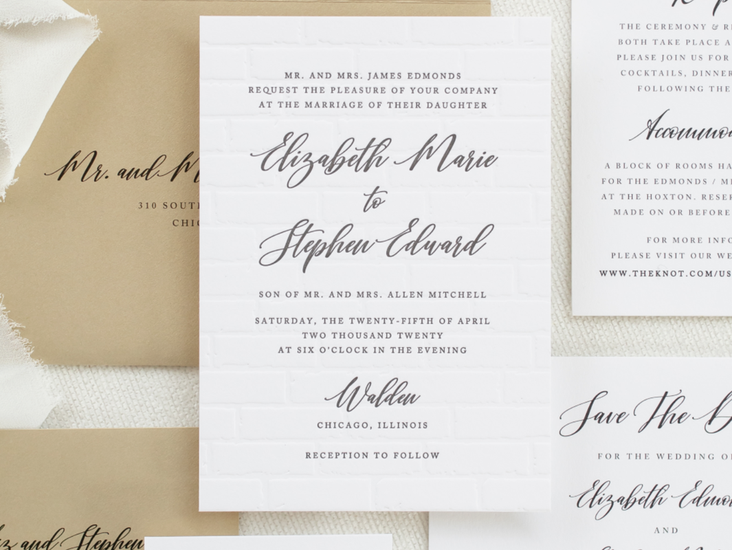 Walden Chicago Venue Modern Wedding Invitation Exposed Open Brick Blind Letterpress Deboss Pattern Modern Brush Script