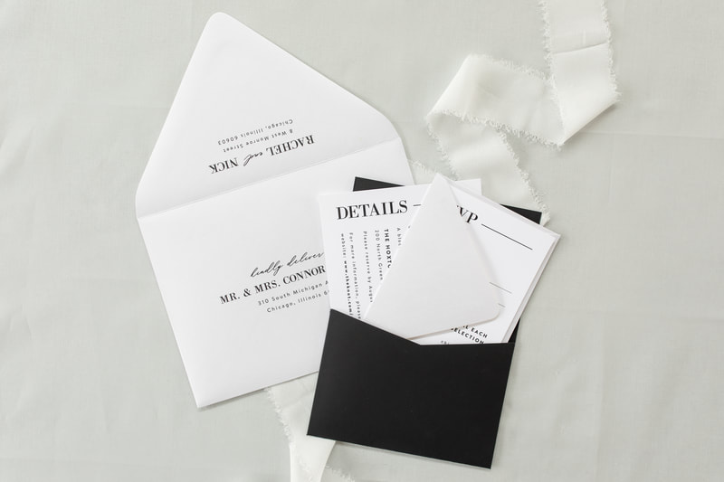 Walden Chicago Venue Collection Modern Formal Black White Shimmer Panel Pocket Wedding Invitation Elegant Calligraphy Script Simple Clean Lines