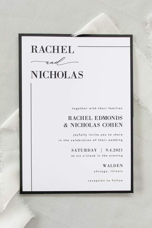 Walden Chicago Venue Collection Modern Formal Black White Shimmer Panel Pocket Wedding Invitation Elegant Calligraphy Script Simple Clean Lines