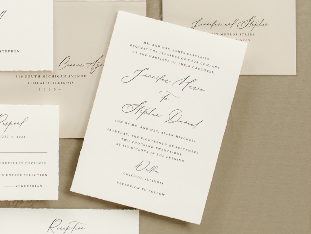 Walden Chicago Venue Elegant Formal Romantic Wedding Invitation Hand Torn Deckle Edge Paper Modern Calligraphy Script Design
