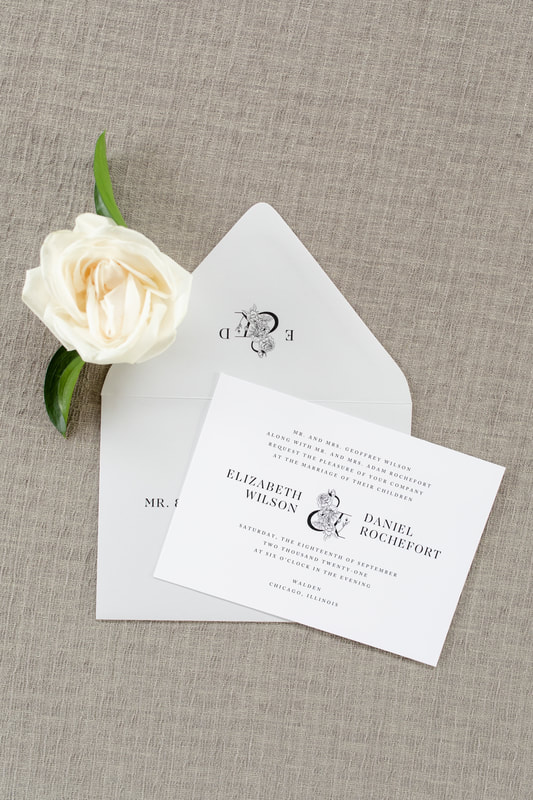 Walden Chicago Venue Modern Formal Black White Grey Wedding Invitation Botanical Floral Ampersand Monogram Envelope Liner