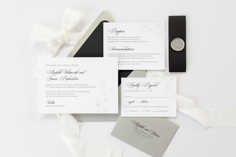 Walden Chicago Venue Modern Formal Black White Silver Wedding Invitation Botanical Branch Belly Band Wax Seal