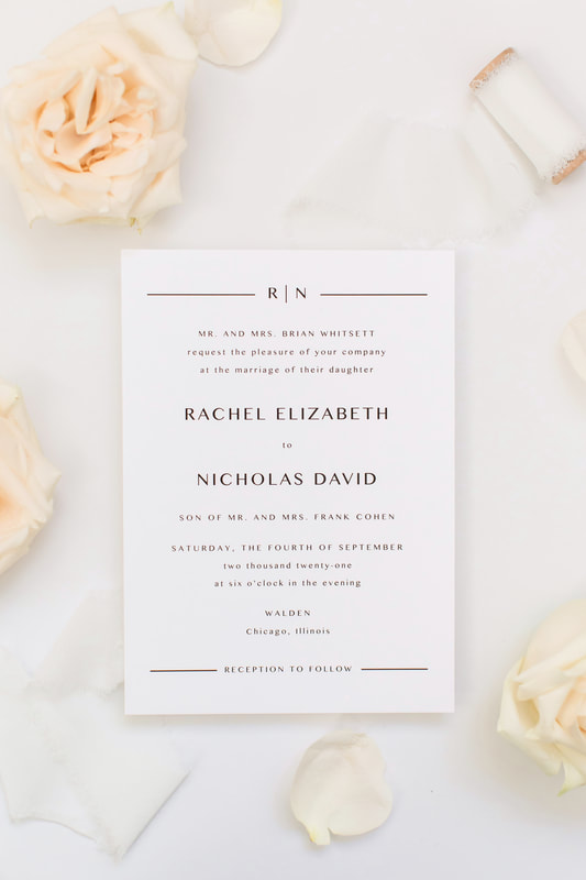 Walden Chicago Wedding Venue Collection Modern and Formal Black and White Wedding Invitation Design with Envelope Liner and Vellum Belly Band