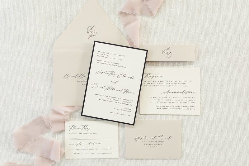 Walden Chicago Collection  |   Modern and Formal Black and Ivory Wedding Invitation with Modern Calligraphy Script and Printed Belly Band