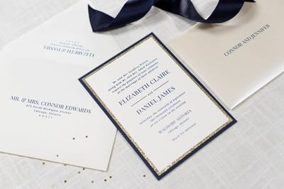 elegant, formal, and modern panel pocket wedding invitation in ivory, gold glitter, navy blue, and opal shimmer - chicago wedding invitations