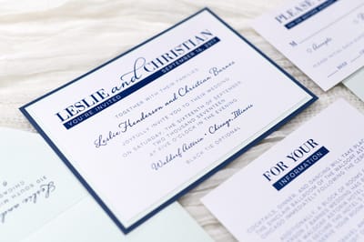 modern and elegant layered white, navy blue, and powder green / sage wedding invitation - chicago wedding invitations
